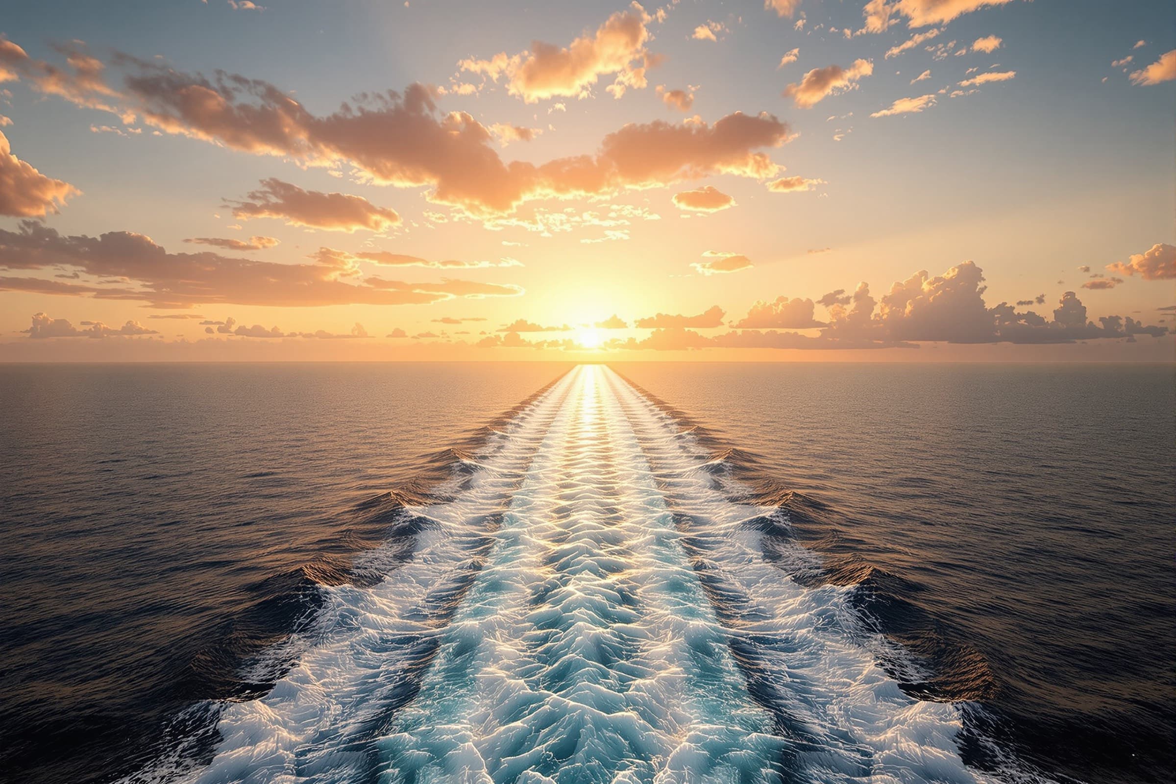 Sunset over the wake of a cruise ship, sea and sky in rose and gold