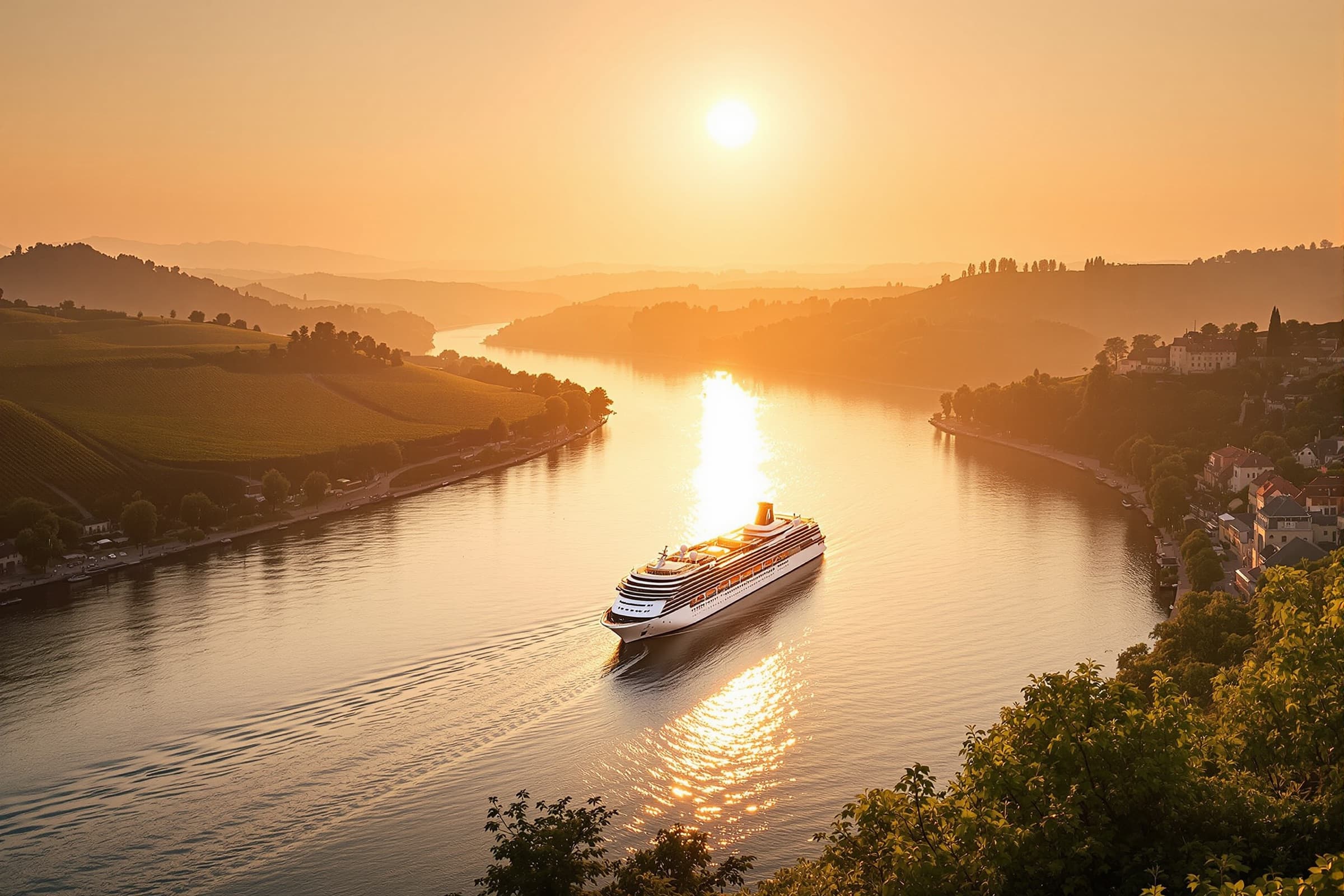 Low sun over a European river bend with a river ship mid river
