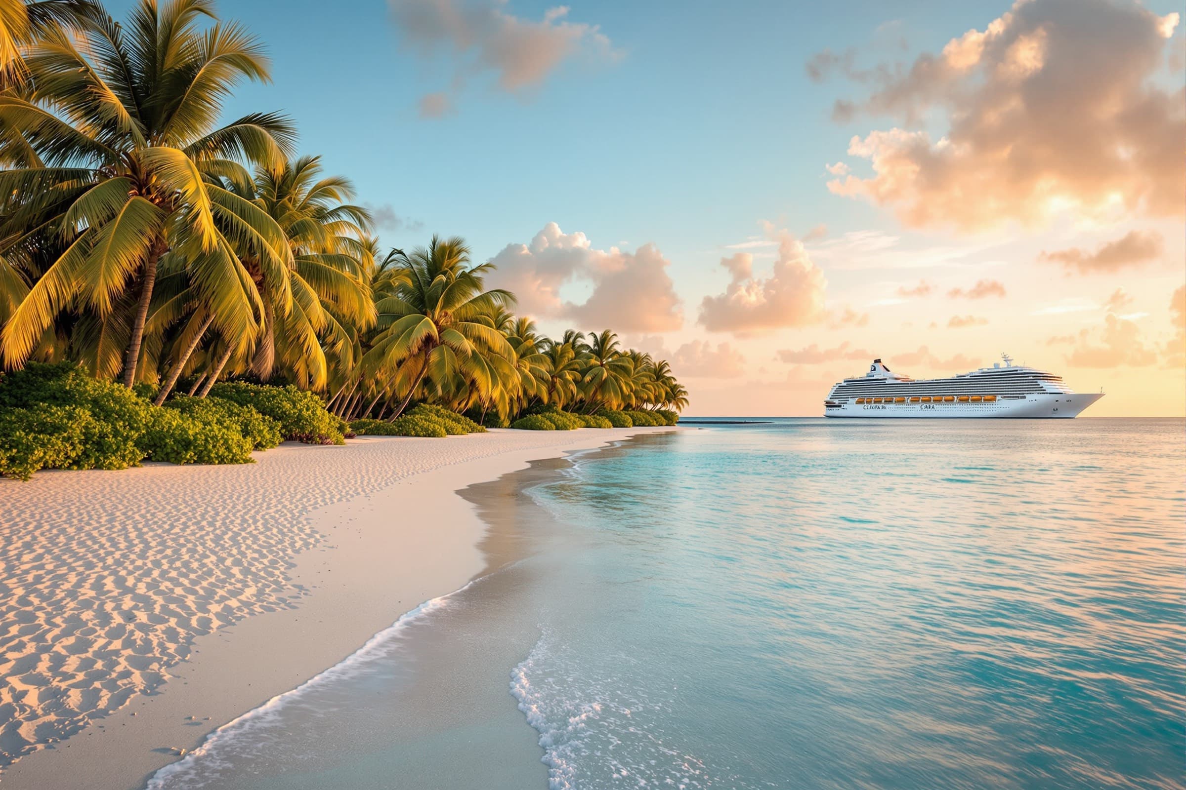 A cruise ship anchored off a palm lined beach with clear shallow water