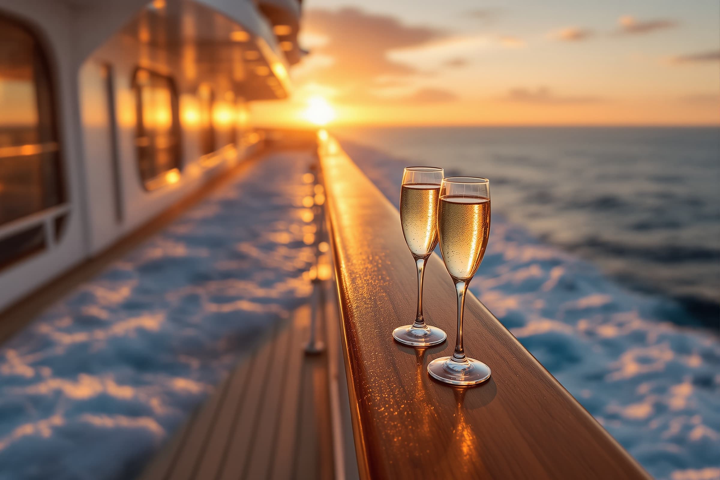 Champagne coupes on the teak rail of a cruise ship at golden hour