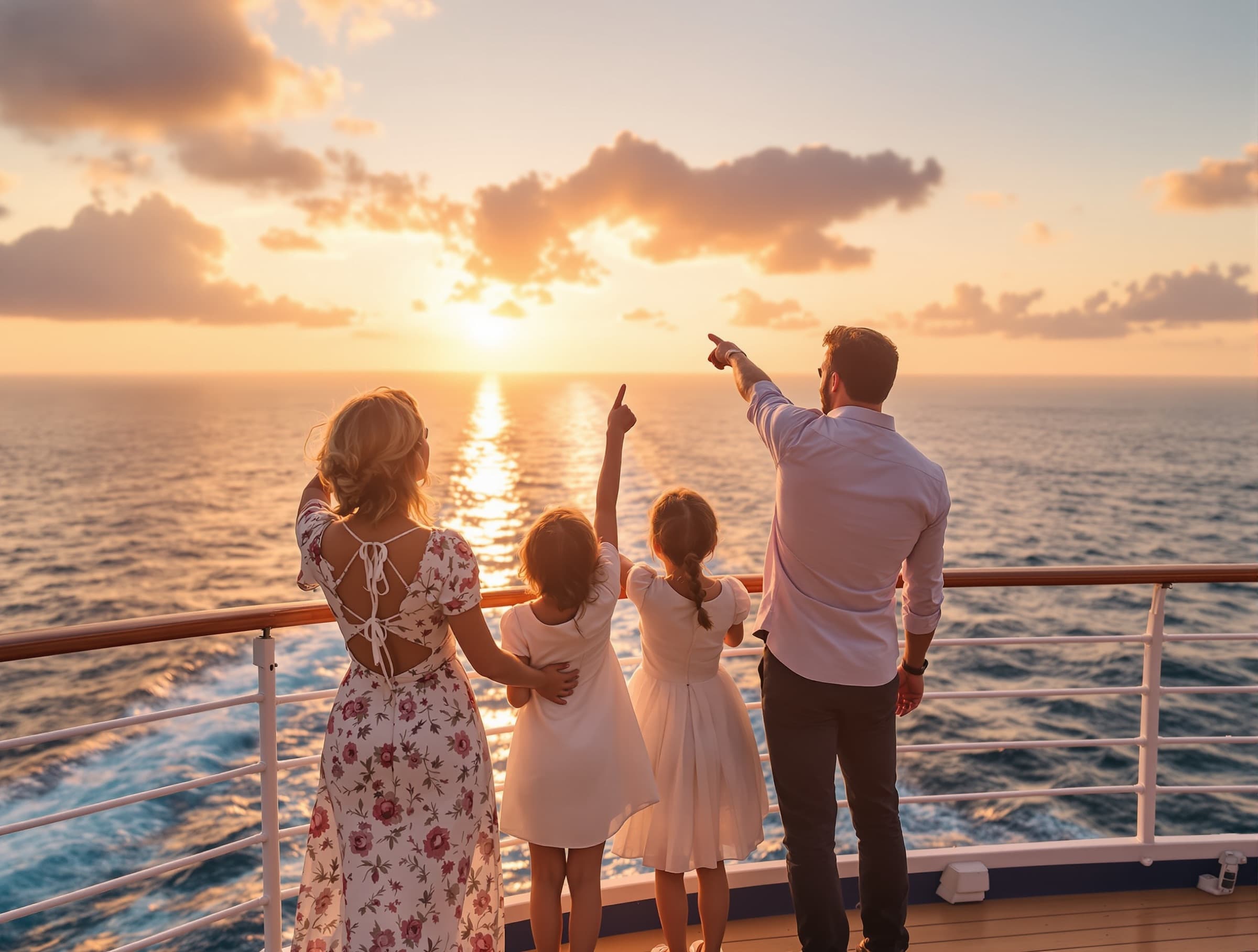 A family at the ship's rail pointing at the horizon at sail away