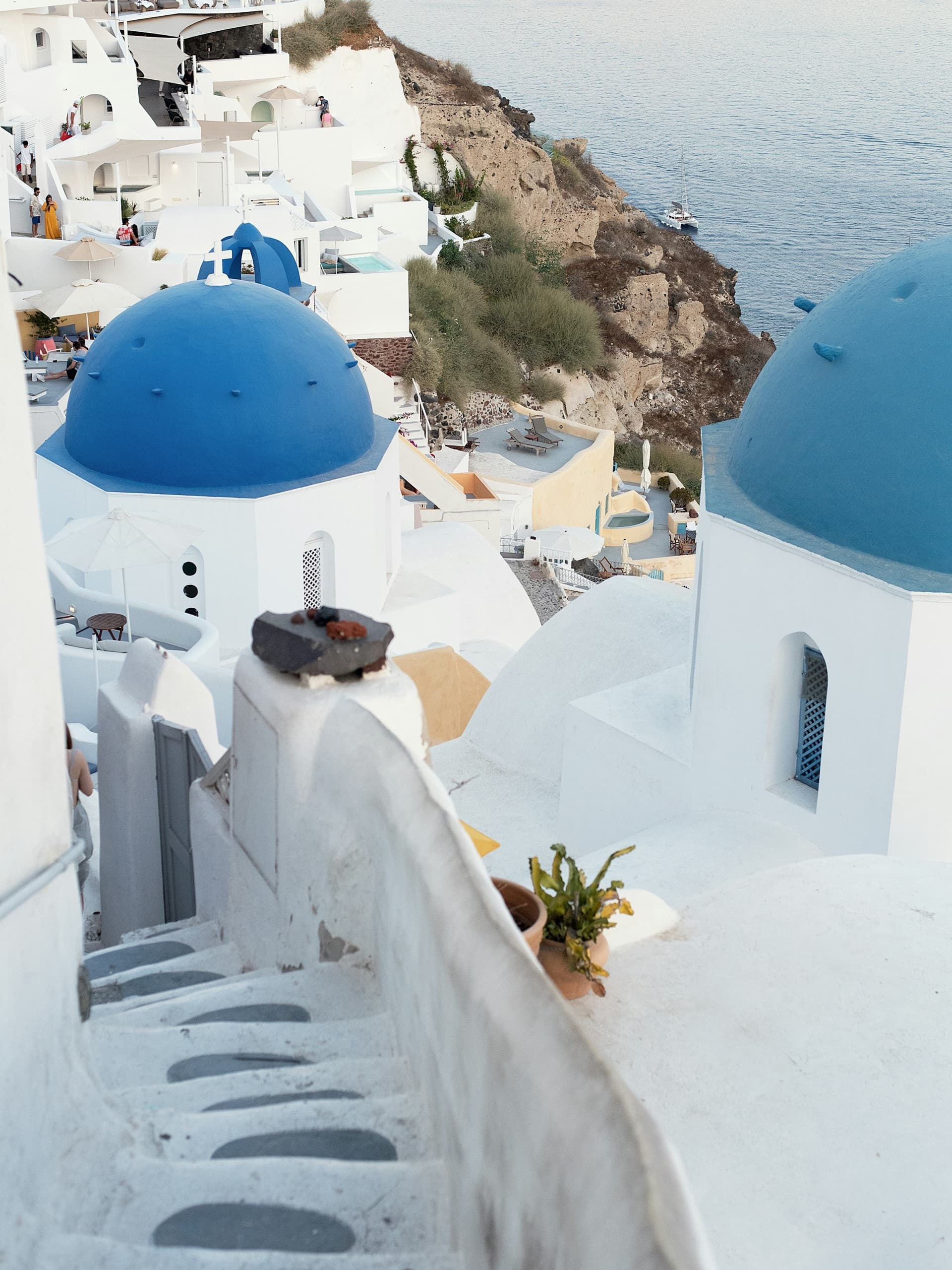 White terraces of Santorini above the caldera
